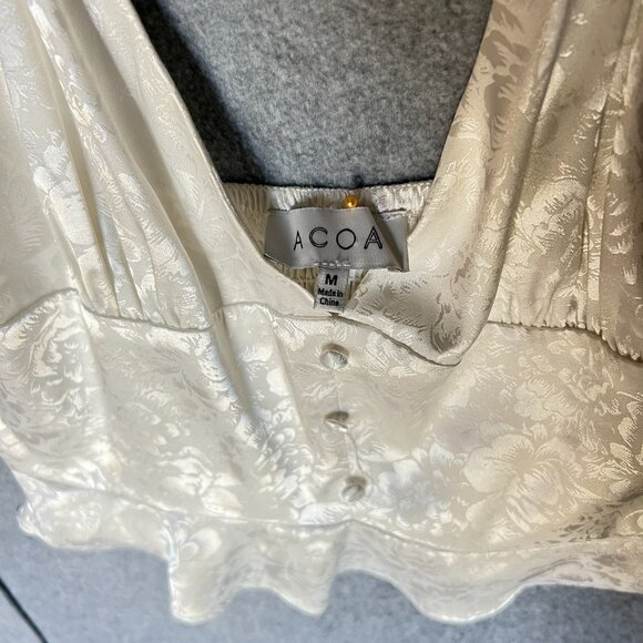 Ivory Satin Sz Medium Cami w FLAW Coquette Y2K Cropped  Peplum Strap Smocked - Picture 3 of 8